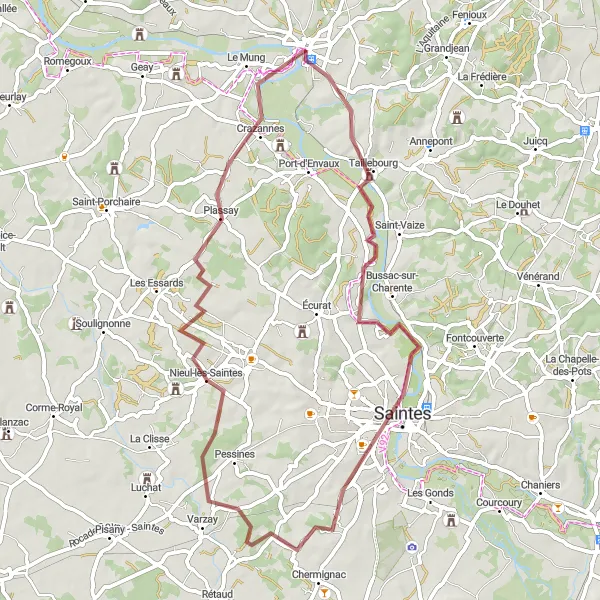 Miniature de la carte de l'inspiration cycliste "La Route des Châteaux" dans la Poitou-Charentes, France. Générée par le planificateur d'itinéraire cycliste Tarmacs.app