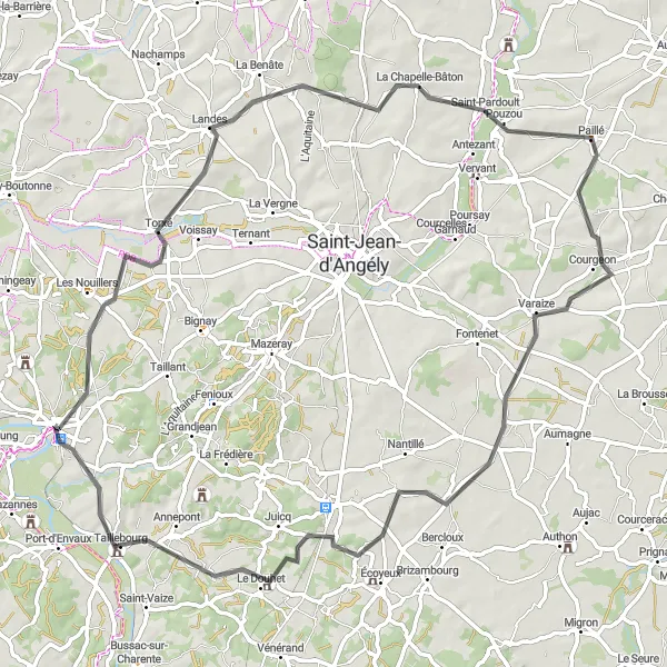 Map miniature of "Torxé Road Route" cycling inspiration in Poitou-Charentes, France. Generated by Tarmacs.app cycling route planner