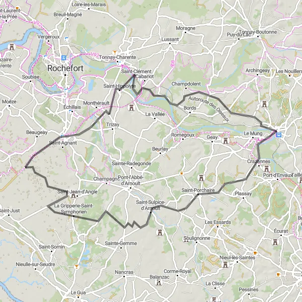 Miniature de la carte de l'inspiration cycliste "Boucle campagnarde autour de Saint-Porchaire" dans la Poitou-Charentes, France. Générée par le planificateur d'itinéraire cycliste Tarmacs.app