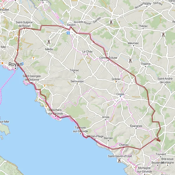 Map miniature of "Saujon Gravel Loop" cycling inspiration in Poitou-Charentes, France. Generated by Tarmacs.app cycling route planner