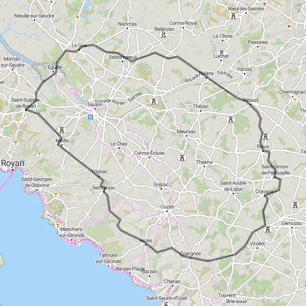 Map miniature of "Vineyard Road Adventure" cycling inspiration in Poitou-Charentes, France. Generated by Tarmacs.app cycling route planner