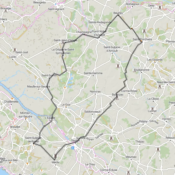 Map miniature of "L'Éguille to Saujon Road Loop" cycling inspiration in Poitou-Charentes, France. Generated by Tarmacs.app cycling route planner