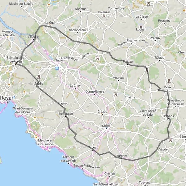 Map miniature of "L'Éguille Road Loop" cycling inspiration in Poitou-Charentes, France. Generated by Tarmacs.app cycling route planner