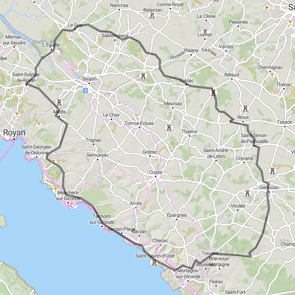 Miniature de la carte de l'inspiration cycliste "Boucle de Gémozac à Meschers-sur-Gironde" dans la Poitou-Charentes, France. Générée par le planificateur d'itinéraire cycliste Tarmacs.app