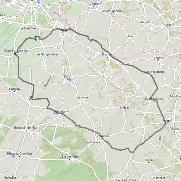 Miniature de la carte de l'inspiration cycliste "Itinéraire cyclable de 57 km autour de Saint-Symphorien" dans la Poitou-Charentes, France. Générée par le planificateur d'itinéraire cycliste Tarmacs.app