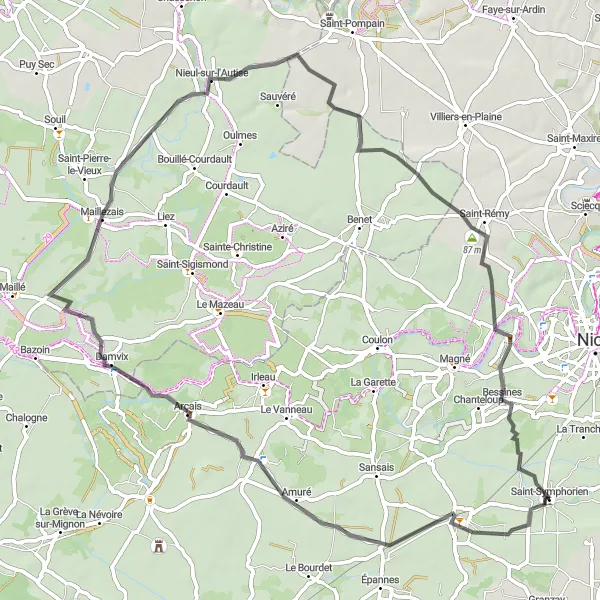 Map miniature of "The Secrets of the Marshes" cycling inspiration in Poitou-Charentes, France. Generated by Tarmacs.app cycling route planner