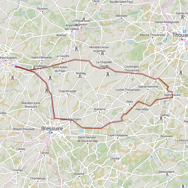 Miniature de la carte de l'inspiration cycliste "Tour de la Vallée du Thouet" dans la Poitou-Charentes, France. Générée par le planificateur d'itinéraire cycliste Tarmacs.app
