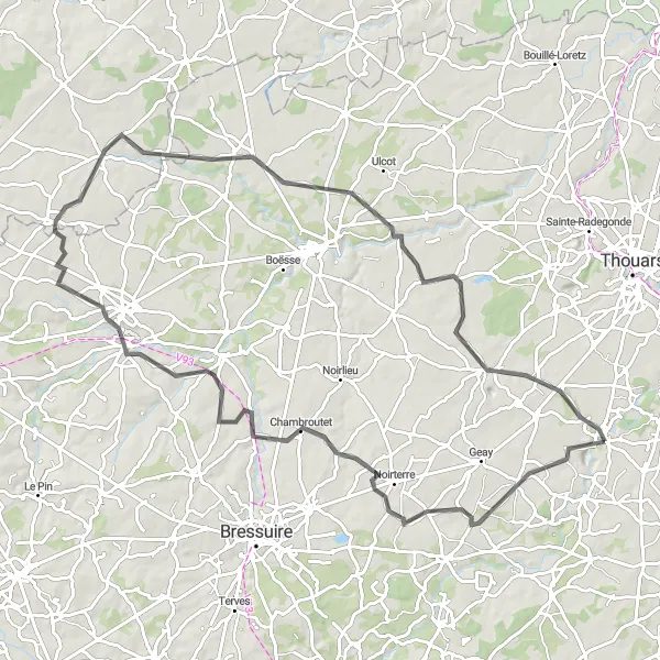 Map miniature of "Noirterre Loop" cycling inspiration in Poitou-Charentes, France. Generated by Tarmacs.app cycling route planner