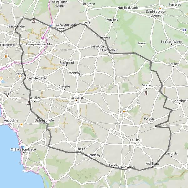 Map miniature of "The Road to Salles-sur-Mer" cycling inspiration in Poitou-Charentes, France. Generated by Tarmacs.app cycling route planner