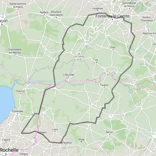 Miniature de la carte de l'inspiration cycliste "Parcours scenic via Fontenay-le-Comte et Sainte-Soulle" dans la Poitou-Charentes, France. Générée par le planificateur d'itinéraire cycliste Tarmacs.app