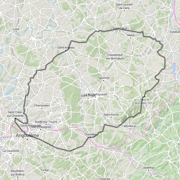 Map miniature of "The Charente Grand Tour" cycling inspiration in Poitou-Charentes, France. Generated by Tarmacs.app cycling route planner