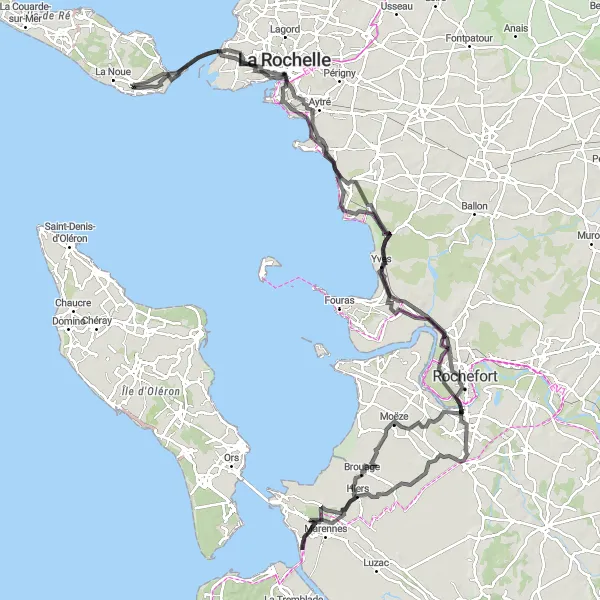 Miniature de la carte de l'inspiration cycliste "Tour des Châteaux de Charente-Maritime" dans la Poitou-Charentes, France. Générée par le planificateur d'itinéraire cycliste Tarmacs.app