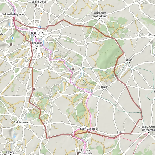 Miniature de la carte de l'inspiration cycliste "Les Collines de Thouars en Gravel" dans la Poitou-Charentes, France. Générée par le planificateur d'itinéraire cycliste Tarmacs.app