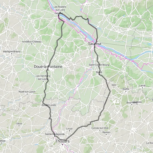 Map miniature of "The Loire Valley Loop" cycling inspiration in Poitou-Charentes, France. Generated by Tarmacs.app cycling route planner