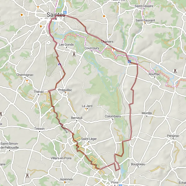 Map miniature of "Gravel Route 1: Saintes Loop" cycling inspiration in Poitou-Charentes, France. Generated by Tarmacs.app cycling route planner