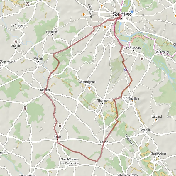 Miniature de la carte de l'inspiration cycliste "Les collines de Charente" dans la Poitou-Charentes, France. Générée par le planificateur d'itinéraire cycliste Tarmacs.app