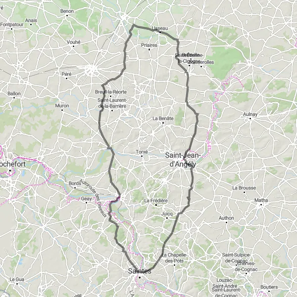 Map miniature of "Saintes-Écurat-Archingeay" cycling inspiration in Poitou-Charentes, France. Generated by Tarmacs.app cycling route planner