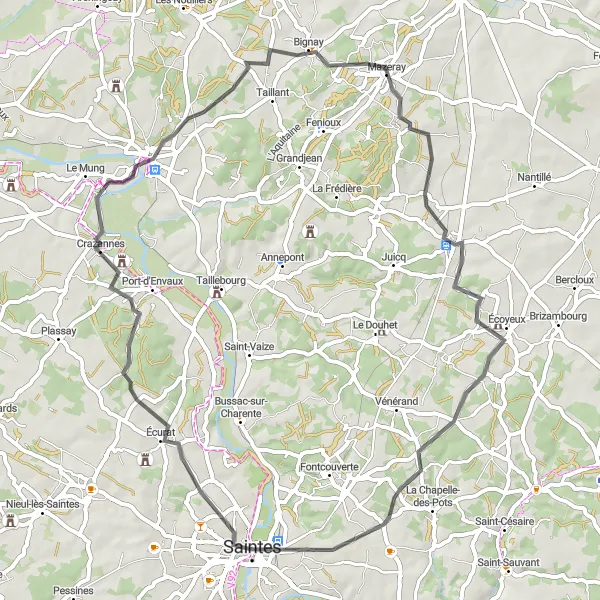 Map miniature of "Saintes-Écurat-Crazannes" cycling inspiration in Poitou-Charentes, France. Generated by Tarmacs.app cycling route planner