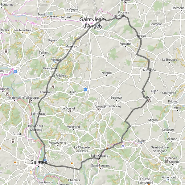 Map miniature of "Bussac-sur-Charente Adventure" cycling inspiration in Poitou-Charentes, France. Generated by Tarmacs.app cycling route planner