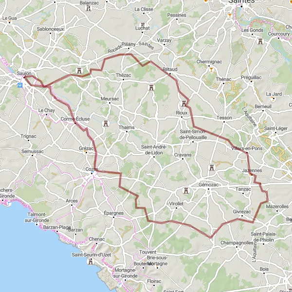 Map miniature of "Gravel Adventure near Saujon" cycling inspiration in Poitou-Charentes, France. Generated by Tarmacs.app cycling route planner
