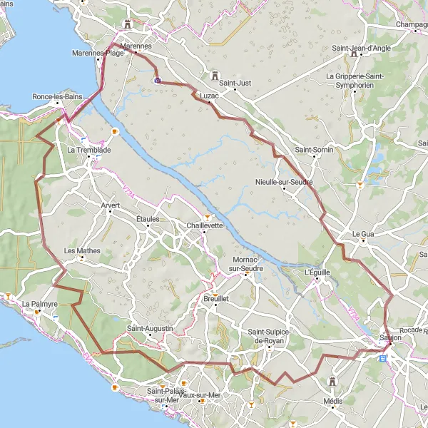 Map miniature of "Coastal Gravel Ride" cycling inspiration in Poitou-Charentes, France. Generated by Tarmacs.app cycling route planner