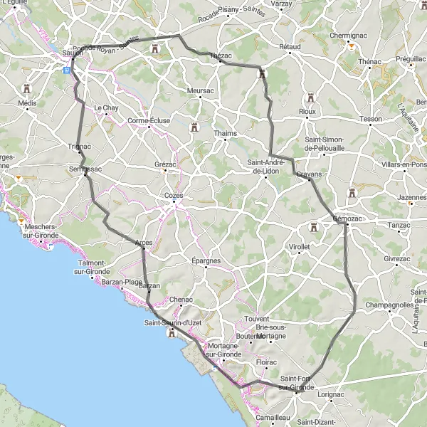 Miniature de la carte de l'inspiration cycliste "Boucle à travers les villages de Charente-Maritime" dans la Poitou-Charentes, France. Générée par le planificateur d'itinéraire cycliste Tarmacs.app