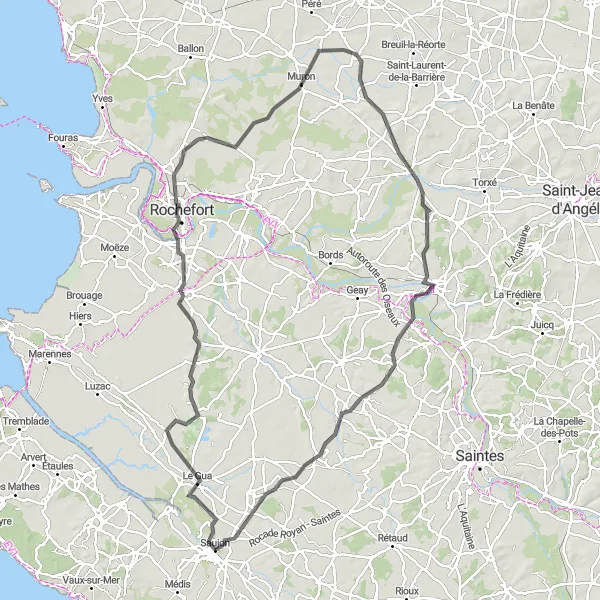 Map miniature of "Rochefort and Saint-Savinien Road Cycling" cycling inspiration in Poitou-Charentes, France. Generated by Tarmacs.app cycling route planner