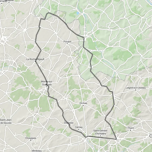 Miniature de la carte de l'inspiration cycliste "Boucle Vallée de la Vienne" dans la Poitou-Charentes, France. Générée par le planificateur d'itinéraire cycliste Tarmacs.app