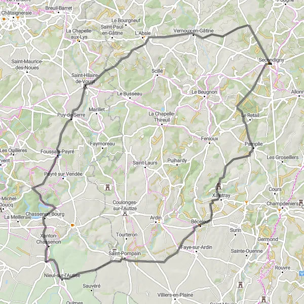 Map miniature of "The Gâtine Circuit" cycling inspiration in Poitou-Charentes, France. Generated by Tarmacs.app cycling route planner