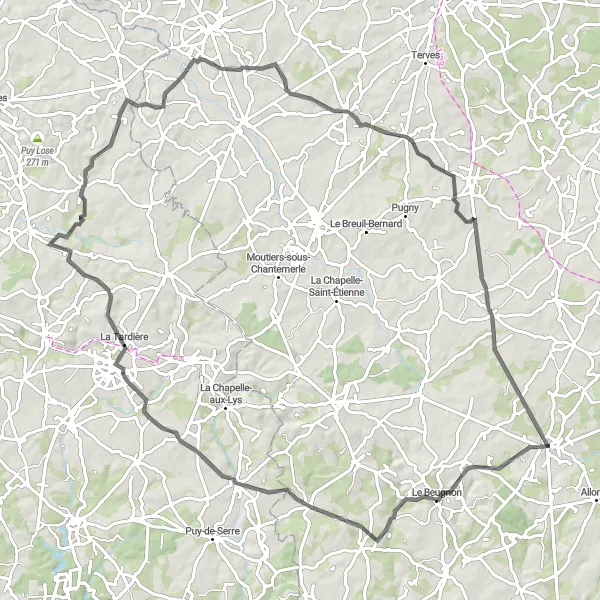 Map miniature of "Exploring Courlay and Montournais" cycling inspiration in Poitou-Charentes, France. Generated by Tarmacs.app cycling route planner