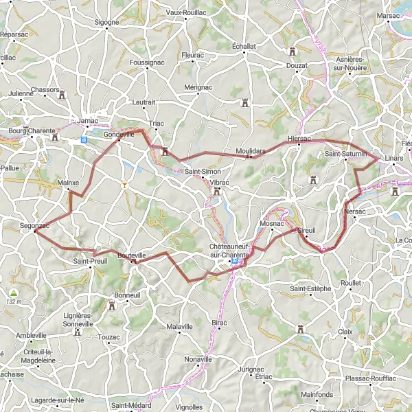 Map miniature of "Scenic Gravel Road Tour" cycling inspiration in Poitou-Charentes, France. Generated by Tarmacs.app cycling route planner