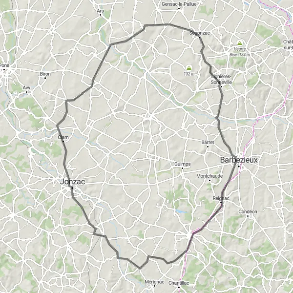 Map miniature of "Lignières-Sonneville Loop" cycling inspiration in Poitou-Charentes, France. Generated by Tarmacs.app cycling route planner