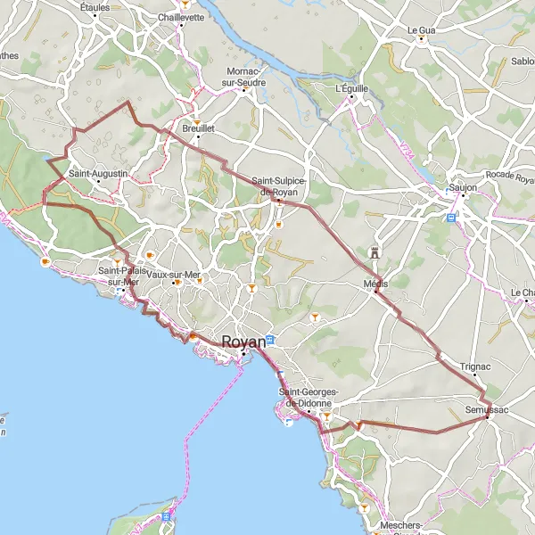 Map miniature of "Semussac to Château de Didonne Gravel Ride" cycling inspiration in Poitou-Charentes, France. Generated by Tarmacs.app cycling route planner