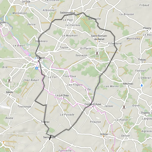 Map miniature of "Saujon to Château de Didonne Loop" cycling inspiration in Poitou-Charentes, France. Generated by Tarmacs.app cycling route planner