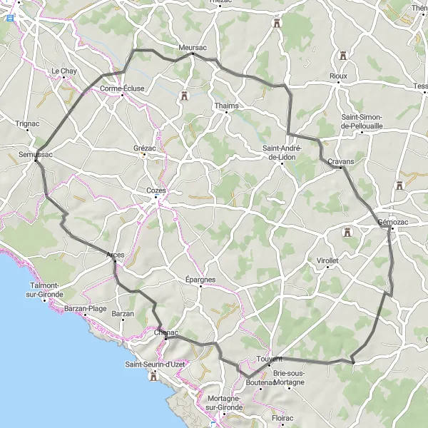 Map miniature of "Meursac to Arces Loop" cycling inspiration in Poitou-Charentes, France. Generated by Tarmacs.app cycling route planner