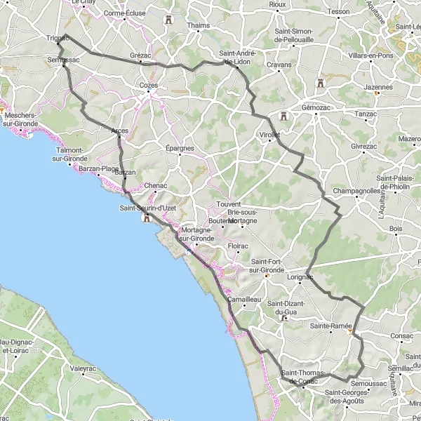 Miniature de la carte de l'inspiration cycliste "Entre vignes et estuaire" dans la Poitou-Charentes, France. Générée par le planificateur d'itinéraire cycliste Tarmacs.app