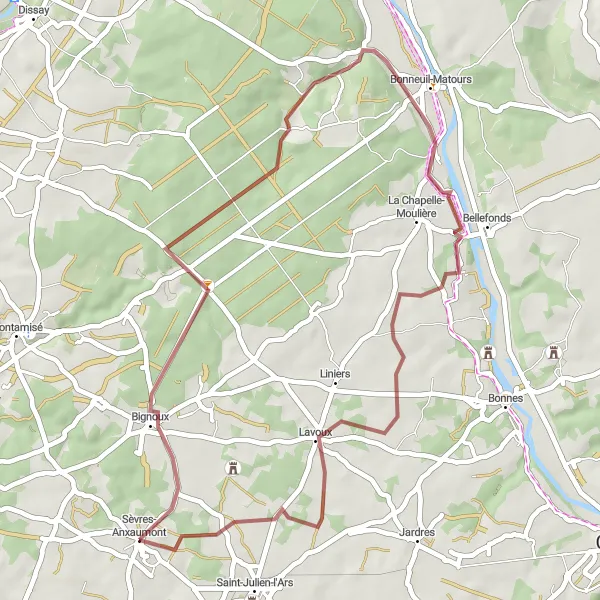 Map miniature of "Scenic Gravel Ride to Bonneuil-Matours and Lavoux" cycling inspiration in Poitou-Charentes, France. Generated by Tarmacs.app cycling route planner