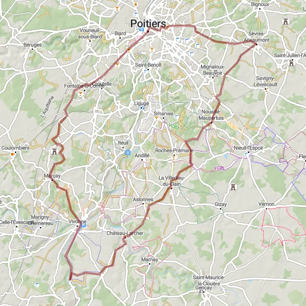 Miniature de la carte de l'inspiration cycliste "Parcours de Vivonne" dans la Poitou-Charentes, France. Générée par le planificateur d'itinéraire cycliste Tarmacs.app