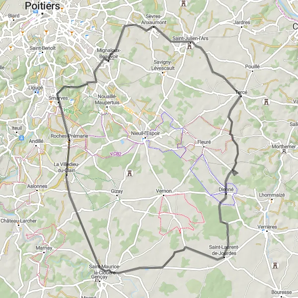 Map miniature of "Countryside Charm" cycling inspiration in Poitou-Charentes, France. Generated by Tarmacs.app cycling route planner