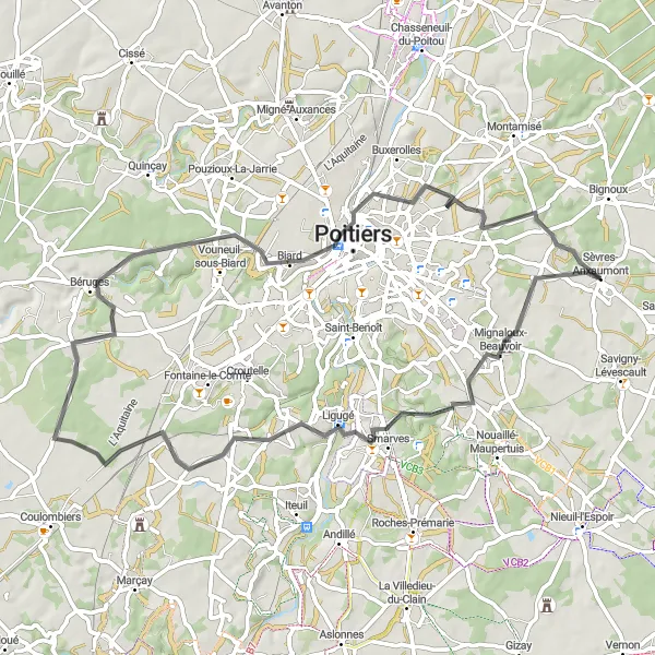 Map miniature of "Poitiers and Beyond" cycling inspiration in Poitou-Charentes, France. Generated by Tarmacs.app cycling route planner