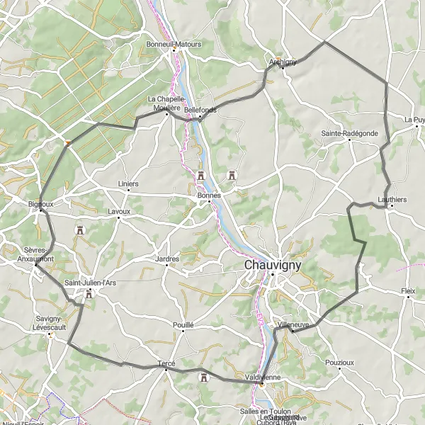 Map miniature of "Poitou-Charentes Loop via Bignoux and Château" cycling inspiration in Poitou-Charentes, France. Generated by Tarmacs.app cycling route planner