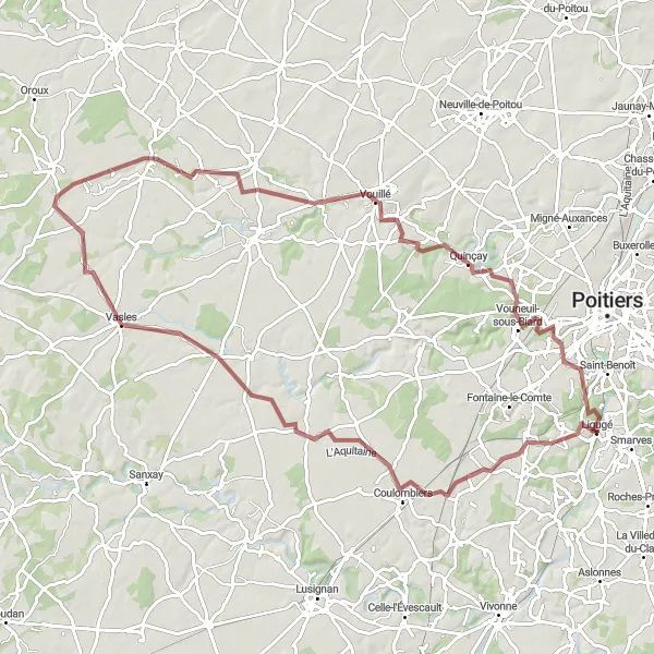 Miniature de la carte de l'inspiration cycliste "Les Vallées et Villages de la Vienne" dans la Poitou-Charentes, France. Générée par le planificateur d'itinéraire cycliste Tarmacs.app