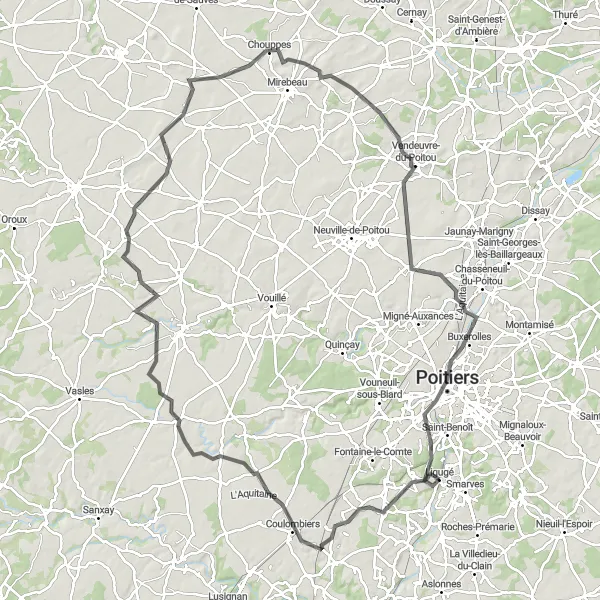 Map miniature of "Bonnevaux Abbey Road Cycling Route" cycling inspiration in Poitou-Charentes, France. Generated by Tarmacs.app cycling route planner