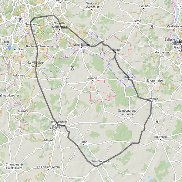 Map miniature of "Exploring Nouaillé-Maupertuis to La Villedieu-du-Clain" cycling inspiration in Poitou-Charentes, France. Generated by Tarmacs.app cycling route planner