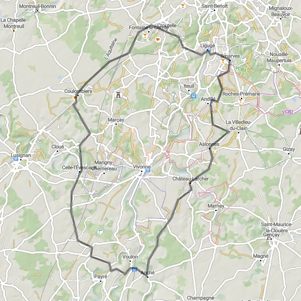 Map miniature of "Road Cycling Adventure through Aslonnes and Voulon" cycling inspiration in Poitou-Charentes, France. Generated by Tarmacs.app cycling route planner