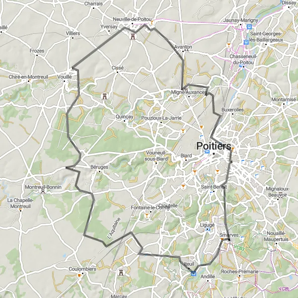 Map miniature of "Scenic Road Cycling: Iteuil to Poitiers" cycling inspiration in Poitou-Charentes, France. Generated by Tarmacs.app cycling route planner