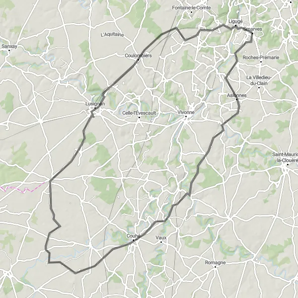 Map miniature of "Château-Larcher Loop Road Cycling Route" cycling inspiration in Poitou-Charentes, France. Generated by Tarmacs.app cycling route planner