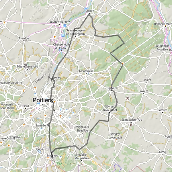 Miniature de la carte de l'inspiration cycliste "La Boucle des Abbayes" dans la Poitou-Charentes, France. Générée par le planificateur d'itinéraire cycliste Tarmacs.app