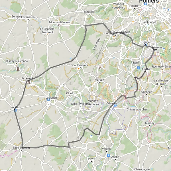 Map miniature of "Smarves to Vivonne Loop" cycling inspiration in Poitou-Charentes, France. Generated by Tarmacs.app cycling route planner