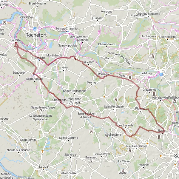 Map miniature of "Gravel Round-Trip from Soubise" cycling inspiration in Poitou-Charentes, France. Generated by Tarmacs.app cycling route planner